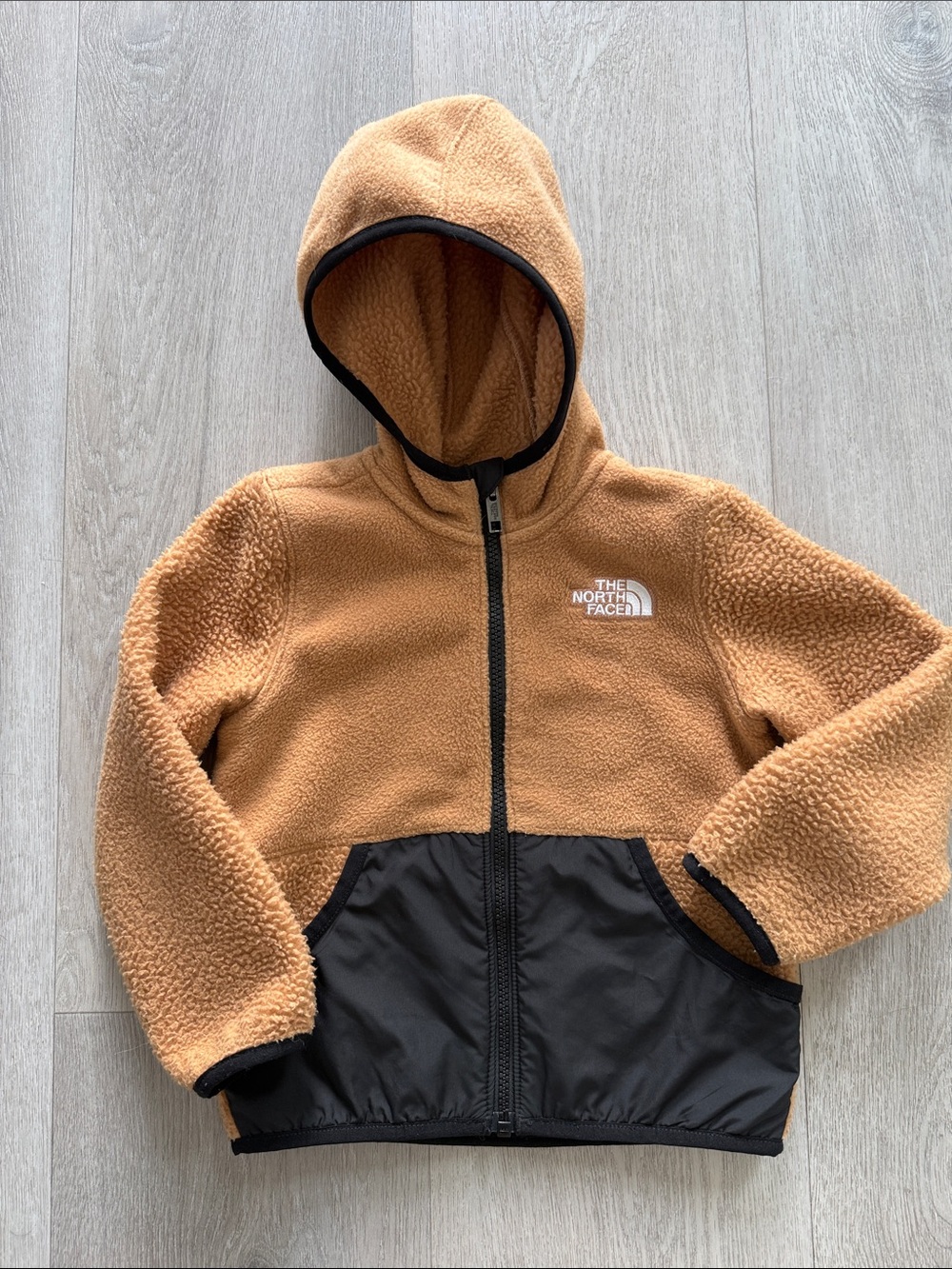 The North Face Sherpa Hooded Jacket in Camel with Black Accents